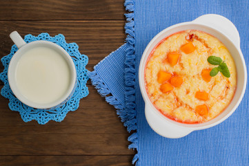 Wheat cereals with pumpkin. Wooden rustic background. Close-up. Top view