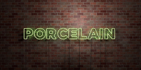 PORCELAIN - fluorescent Neon tube Sign on brickwork - Front view - 3D rendered royalty free stock picture. Can be used for online banner ads and direct mailers..