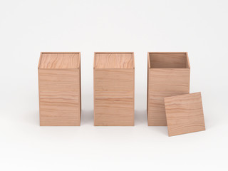Three wooden box packaging mockup with opened cover. 3d rendering