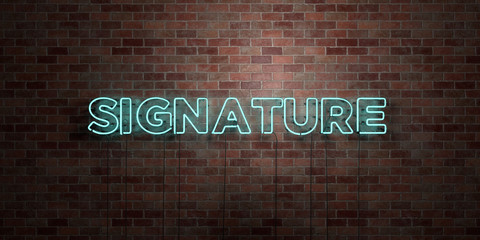 SIGNATURE - fluorescent Neon tube Sign on brickwork - Front view - 3D rendered royalty free stock picture. Can be used for online banner ads and direct mailers..