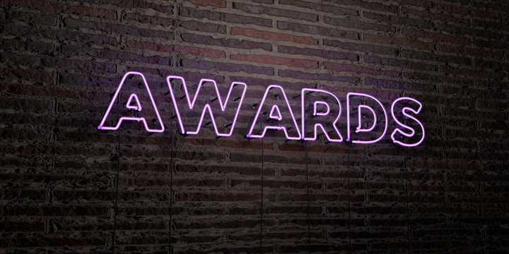 AWARDS -Realistic Neon Sign on Brick Wall background - 3D rendered royalty free stock image. Can be used for online banner ads and direct mailers..