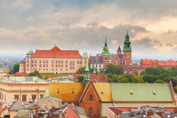 Obraz premium Panoramic view of Wawel Castle from clock tower in the main Market Square, Cracow, Poland. Aerial view