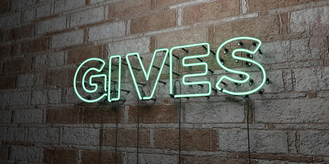 GIVES - Glowing Neon Sign on stonework wall - 3D rendered royalty free stock illustration.  Can be used for online banner ads and direct mailers..