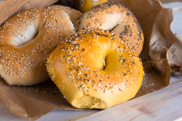 Assortment of authentic New York style bagels with seeds