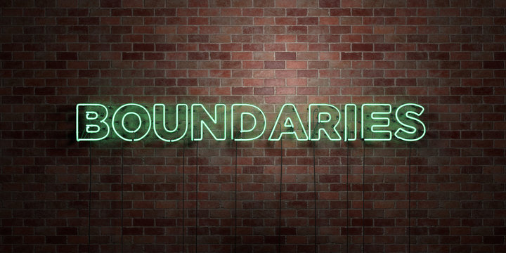 BOUNDARIES - fluorescent Neon tube Sign on brickwork - Front view - 3D rendered royalty free stock picture. Can be used for online banner ads and direct mailers..