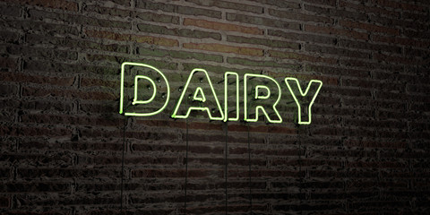 DAIRY -Realistic Neon Sign on Brick Wall background - 3D rendered royalty free stock image. Can be used for online banner ads and direct mailers..