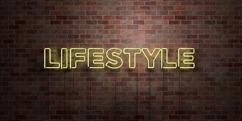 LIFESTYLE - fluorescent Neon tube Sign on brickwork - Front view - 3D rendered royalty free stock picture. Can be used for online banner ads and direct mailers..