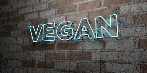 VEGAN - Glowing Neon Sign on stonework wall - 3D rendered royalty free stock illustration.  Can be used for online banner ads and direct mailers..