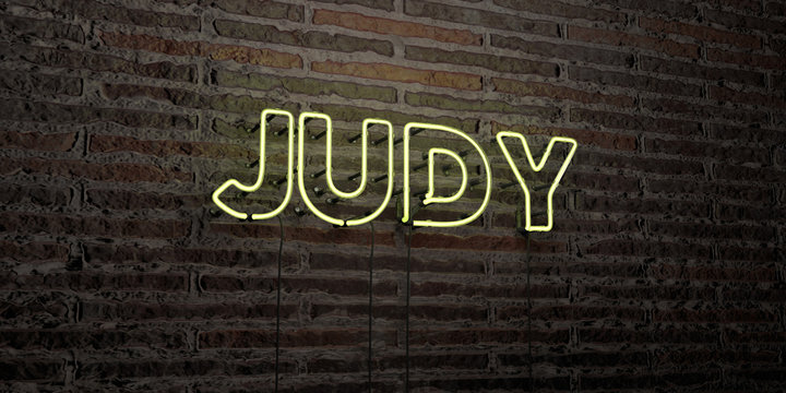 JUDY -Realistic Neon Sign on Brick Wall background - 3D rendered royalty free stock image. Can be used for online banner ads and direct mailers..