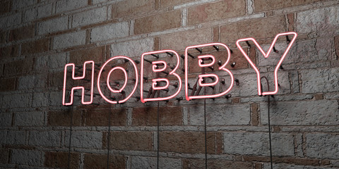 HOBBY - Glowing Neon Sign on stonework wall - 3D rendered royalty free stock illustration.  Can be used for online banner ads and direct mailers..