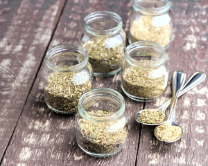Assortment of dry tea in glass jar 