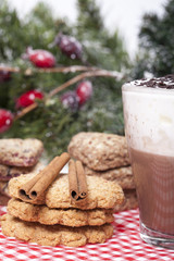 Hot chocolate in a cup and biscuits