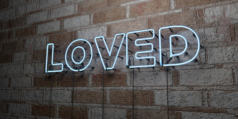 Fototapeta premium LOVED - Glowing Neon Sign on stonework wall - 3D rendered royalty free stock illustration. Can be used for online banner ads and direct mailers..