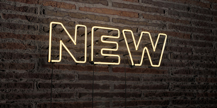 NEW -Realistic Neon Sign on Brick Wall background - 3D rendered royalty free stock image. Can be used for online banner ads and direct mailers..