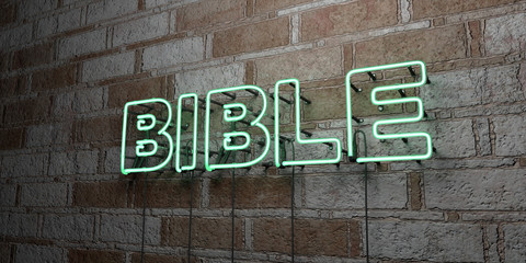 BIBLE - Glowing Neon Sign on stonework wall - 3D rendered royalty free stock illustration.  Can be used for online banner ads and direct mailers..