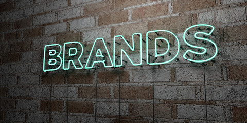 BRANDS - Glowing Neon Sign on stonework wall - 3D rendered royalty free stock illustration.  Can be used for online banner ads and direct mailers..