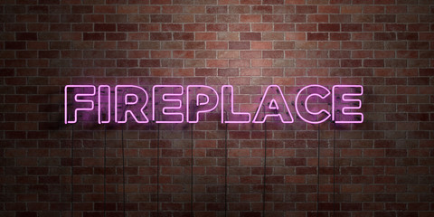 FIREPLACE - fluorescent Neon tube Sign on brickwork - Front view - 3D rendered royalty free stock picture. Can be used for online banner ads and direct mailers..