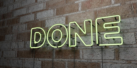 DONE - Glowing Neon Sign on stonework wall - 3D rendered royalty free stock illustration.  Can be used for online banner ads and direct mailers.. © Chris Titze Imaging