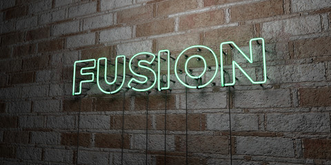 Fototapeta premium FUSION - Glowing Neon Sign on stonework wall - 3D rendered royalty free stock illustration. Can be used for online banner ads and direct mailers..