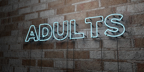 ADULTS - Glowing Neon Sign on stonework wall - 3D rendered royalty free stock illustration.  Can be used for online banner ads and direct mailers..