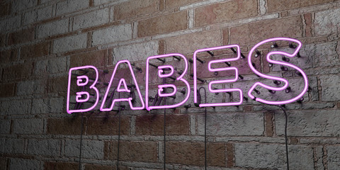 BABES - Glowing Neon Sign on stonework wall - 3D rendered royalty free stock illustration.  Can be used for online banner ads and direct mailers..