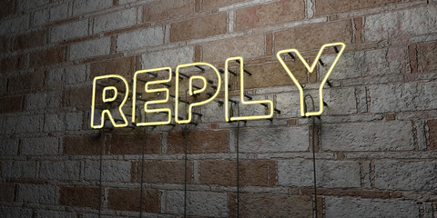 REPLY - Glowing Neon Sign on stonework wall - 3D rendered royalty free stock illustration.  Can be used for online banner ads and direct mailers..