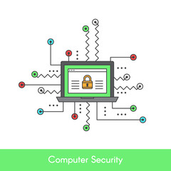 Vector Icon Style Illustration of Computer Security Protection from Hackers and Internet Attacks with Chain and Lock