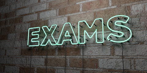 EXAMS - Glowing Neon Sign on stonework wall - 3D rendered royalty free stock illustration.  Can be used for online banner ads and direct mailers..