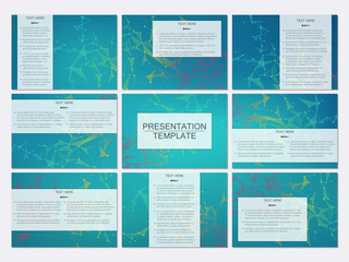 Set of modern business presentation templates in A4 size. Abstract background with molecule structure DNA and neurons. Medicine, science, technology concept. Scalable vector graphics.
