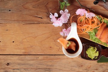 Salmon raw sashimi with wasabi , Japanese food style.