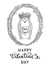 Hand-drawn sketch greeting card for Valentine's Day with a cartoon penguin holding a heart. Vector illustration.