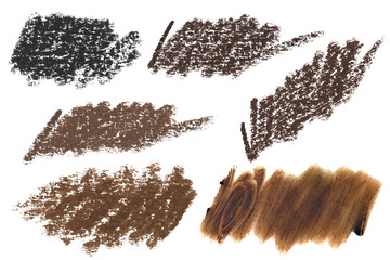 Set of six black and brown color cosmetic eyebrow pencil strokes on paper and glass, beauty product sample isolated on white background, clipping paths included