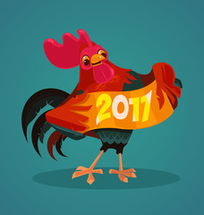 Rooster character hold card 2017. Vector flat cartoon illustration