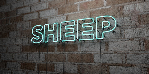 SHEEP - Glowing Neon Sign on stonework wall - 3D rendered royalty free stock illustration.  Can be used for online banner ads and direct mailers..