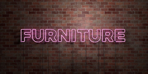 FURNITURE - fluorescent Neon tube Sign on brickwork - Front view - 3D rendered royalty free stock picture. Can be used for online banner ads and direct mailers..