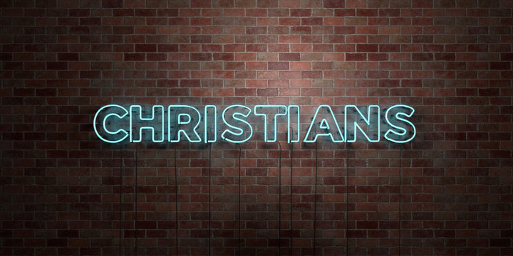 CHRISTIANS - fluorescent Neon tube Sign on brickwork - Front view - 3D rendered royalty free stock picture. Can be used for online banner ads and direct mailers..