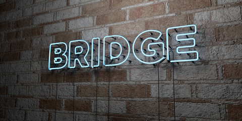 BRIDGE - Glowing Neon Sign on stonework wall - 3D rendered royalty free stock illustration.  Can be used for online banner ads and direct mailers..