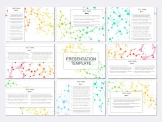 Set of modern business presentation templates in A4 size. Abstract background with molecule structure DNA and neurons. Medicine, science, technology concept. Scalable vector graphics.
