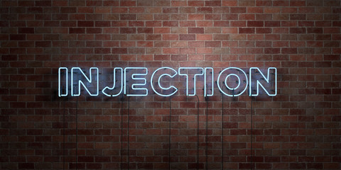INJECTION - fluorescent Neon tube Sign on brickwork - Front view - 3D rendered royalty free stock picture. Can be used for online banner ads and direct mailers..