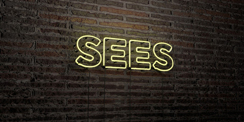 SEES -Realistic Neon Sign on Brick Wall background - 3D rendered royalty free stock image. Can be used for online banner ads and direct mailers..