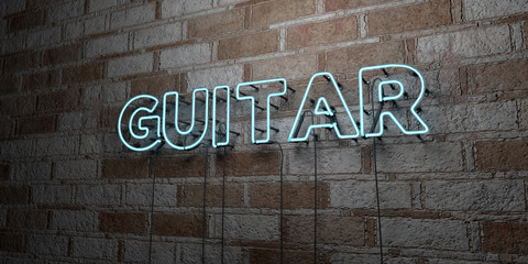 GUITAR - Glowing Neon Sign on stonework wall - 3D rendered royalty free stock illustration.  Can be used for online banner ads and direct mailers..