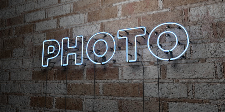 PHOTO - Glowing Neon Sign on stonework wall - 3D rendered royalty free stock illustration.  Can be used for online banner ads and direct mailers..