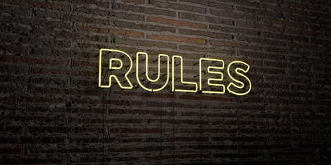 RULES -Realistic Neon Sign on Brick Wall background - 3D rendered royalty free stock image. Can be used for online banner ads and direct mailers..
