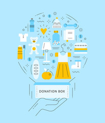 Illustration of hand with the donation box and different things: clothes, footwear, food, water, toys, medicines. Work concept in thin line style.