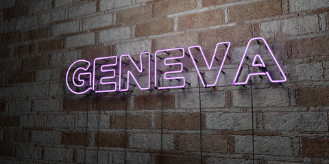 GENEVA - Glowing Neon Sign on stonework wall - 3D rendered royalty free stock illustration.  Can be used for online banner ads and direct mailers..