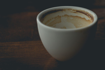 Coffee stain on almost empty white cup.(Filtered image processed vintage effect.)