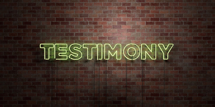 TESTIMONY - fluorescent Neon tube Sign on brickwork - Front view - 3D rendered royalty free stock picture. Can be used for online banner ads and direct mailers..