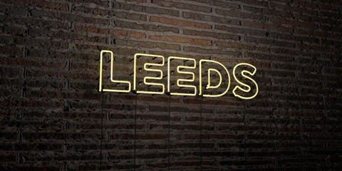 LEEDS -Realistic Neon Sign on Brick Wall background - 3D rendered royalty free stock image. Can be used for online banner ads and direct mailers..