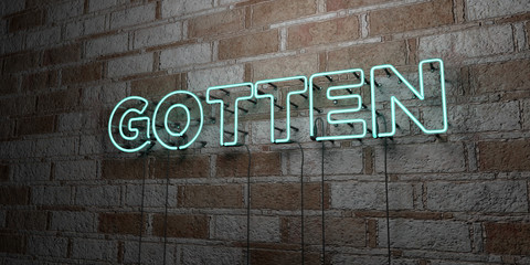 GOTTEN - Glowing Neon Sign on stonework wall - 3D rendered royalty free stock illustration.  Can be used for online banner ads and direct mailers..
