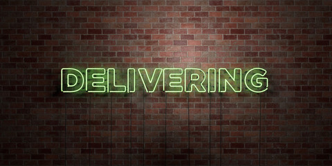 DELIVERING - fluorescent Neon tube Sign on brickwork - Front view - 3D rendered royalty free stock picture. Can be used for online banner ads and direct mailers..
